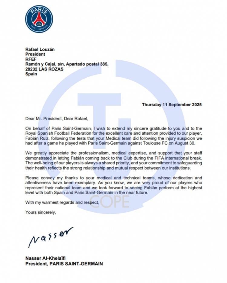 爱游戏体育平台反观？巴黎主席纳赛尔致信西足协，感谢西班牙队放法比安提前归队